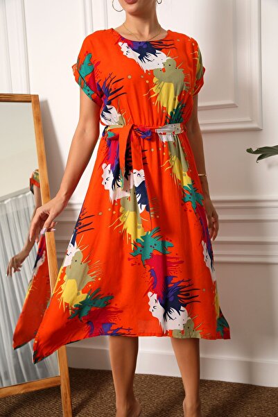 armonika Γυναικείο πορτοκαλί ελαστικό φόρεμα μέσης με σχέδιο ARM-22Y001044