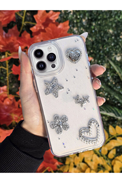 OSG iPhone 15 Pro Uyumlu 3d Karakterli Taşlı Ve Simli İşlemeli Çift Katman Ko...