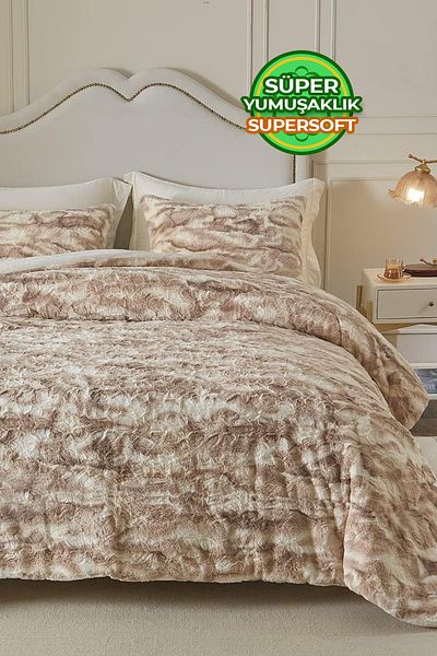 Evlen Home Collection Кремаво-бежово покривка за легло Mayra от 3 части - плюшена слонова кост с пълнеж от кожа