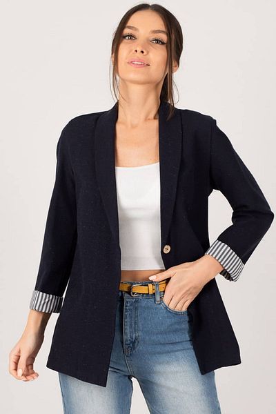 armonika Dámská tmavě modrá proužkovaná bunda s jedním knoflíkem na vnitřním rukávu ARM-22K001122
