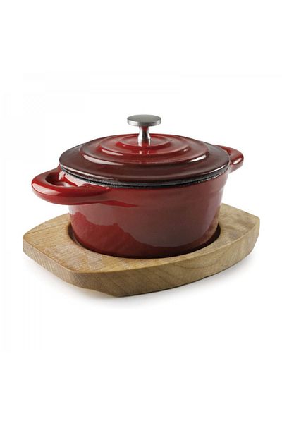 Lacor Round red cast iron pot with lid and wooden stand, Magma Red, 200 ml