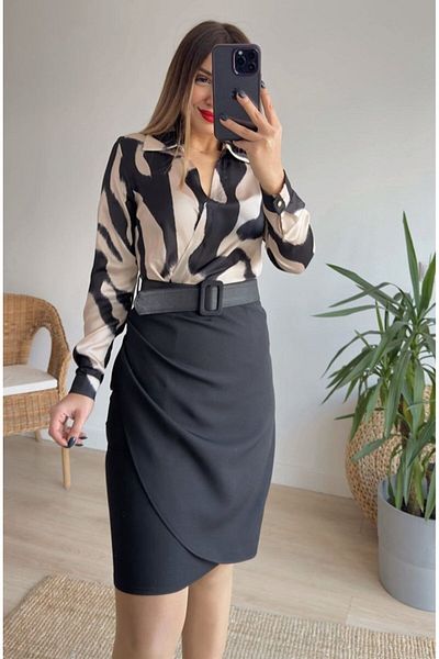Keyh Shop Myterrax Rochie de damă cu mâneci lungi și fustă submersibilă cu centură din crepon