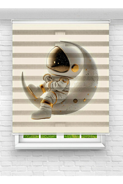 Mas Ayda Oturan Astronot ve Uzay Mekiği Temalı Desenli Baskılı Zebra - Stor Perde