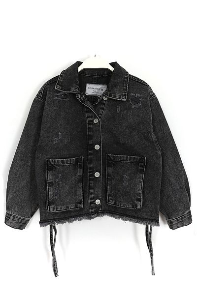 DobaKids Destroyed Shabby Cut Pocket Detailed Girls' Jeans Coat Black