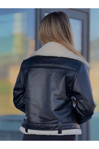 MODAEMAS Dámský kožený kabát s dvouřadým zapínáním a klopami