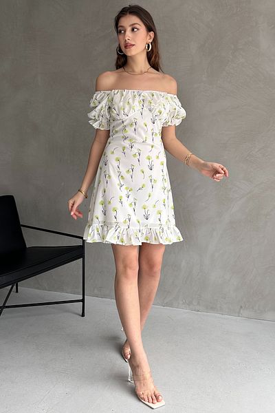 Rabi Shine Rabi̇ Shine Green Flower Patterned Dress with Low Shoulder