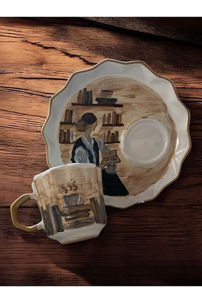Store كوب قهوة تركي بتصميم خاص مرسوم يدويًا للنساء لقراءة الكتب (قطعة واحدة)