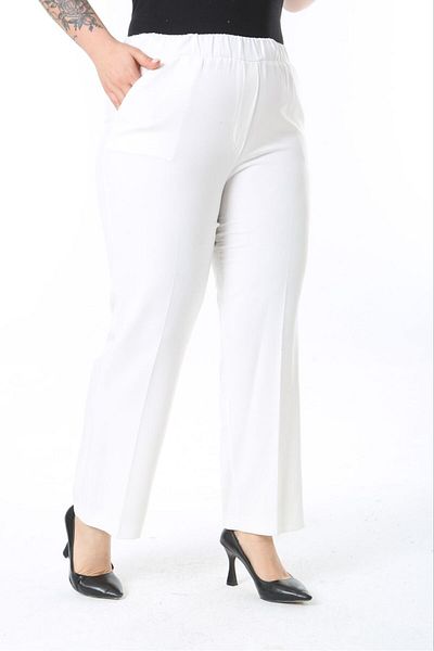 Şans Women's Plus Size White Waist Full Rubber Pocket Fabric Pants 65N38733