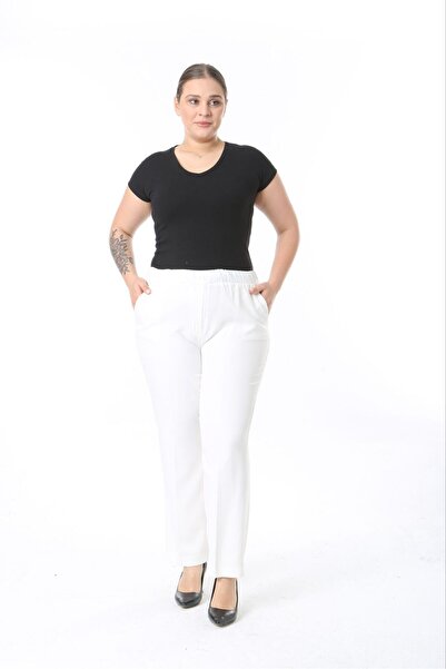 Şans Γυναικείο υφασμάτινο παντελόνι μεγάλου μεγέθους λευκή μέση με πλήρη λαστιχένια τσέπη 65N38733