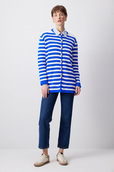 Touché Privé Gold Buttoned Striped Long Cardigan