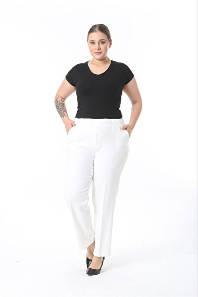 Şans Γυναικείο υφασμάτινο παντελόνι μεγάλου μεγέθους λευκή μέση με πλήρη λαστιχένια τσέπη 65N38733