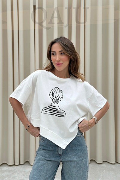 Qaju Tricou de damă ecru - croială asimetrică, 100% bumbac, decolteu