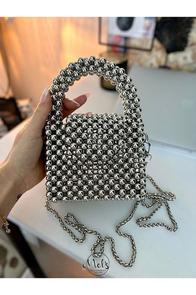GÜLSEMALİ Molie Shine Silver Pearl Handmade Modern/Stylish Night/Daily Small Size Acrylic Pearl Bead Bag Model
