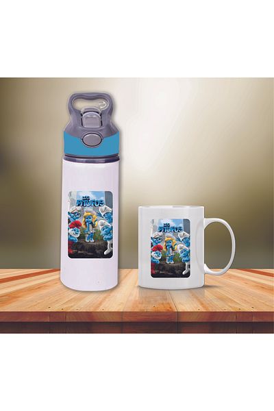 DKDZ SHOP Smurfs Printed Metal Water Bottle with Straw and Mug Cup-002
