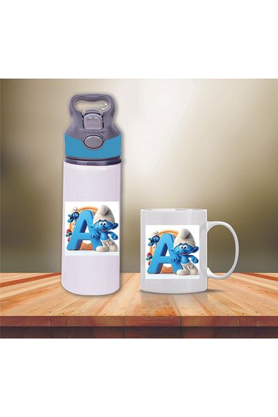 DKDZ SHOP Smurfs Printed Metal Water Bottle with Straw and Mug Cup-003