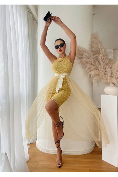 1Moda1Tarz Γυναικείο φόρεμα ειδικής σχεδίασης από εισαγόμενο ύφασμα με μοτίβο κεντήματος με λεπτομέρεια από τούλι και φόδρα με ζώνη