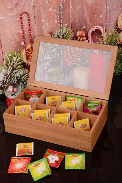 ellahomedekor Bambu Cam Kapaklı 8 Bölmeli Bitki Çay Kutusu 30x20x7cm.