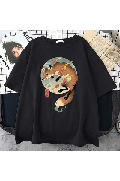 Josette Μπλουζάκι Anime Fox Printed Crew Neck Oversize