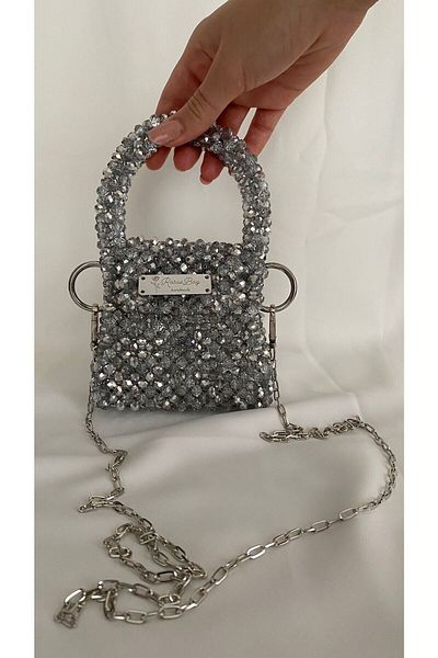 GÜLSEMALİ Silver Color Medium Size Crystal Bead Bag