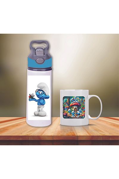 DKDZ SHOP Smurfs Printed Metal Water Bottle with Straw and Mug Cup-0066
