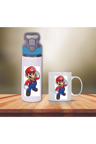 DKDZ SHOP Super Mario Printed Metal Water Bottle with Straw and Mug Cup-002
