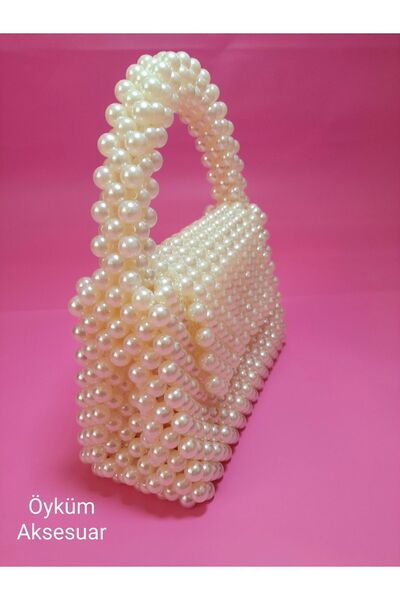 GÜLSEMALİ Cream Color Pearl Beaded Classic Handbag