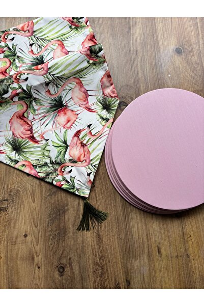 HALFART Flamingo Desen Duck Keten Runner ve 6'lı Pembe Supla Seti