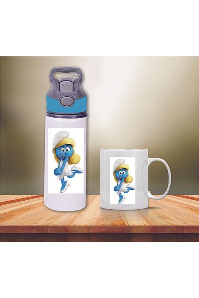 DKDZ SHOP Smurfs Printed Metal Water Bottle with Straw and Mug Cup-002