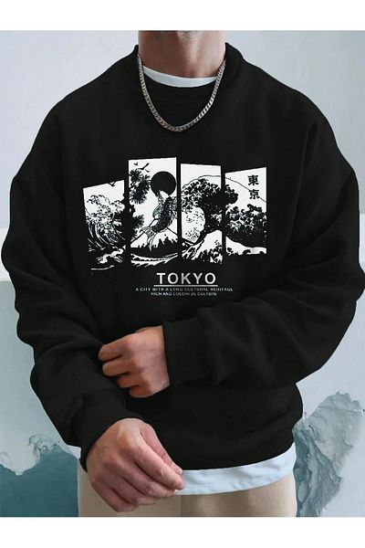 PALPİTO Ανδρικό φούτερ με μαύρο Tokyo printed Crew Neck Oversize