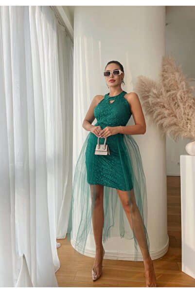 1Moda1Tarz Γυναικείο φόρεμα ειδικής σχεδίασης από εισαγόμενο ύφασμα με μοτίβο κεντήματος με λεπτομέρεια από τούλι και φόδρα με ζώνη