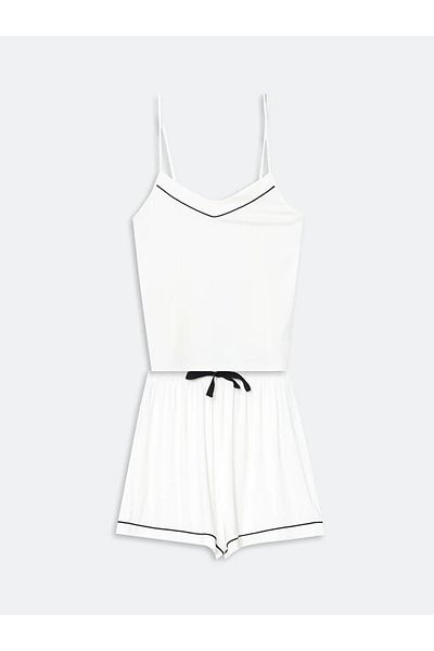 LC Waikiki Lcw Dream Ecru V-Neck Strap Women's Shorts Pajamas Set