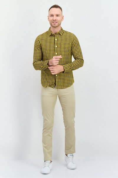 Levi's Men Slim Fit Gingham Pattern Long Sleeves Casual Shirt, Yellow/black