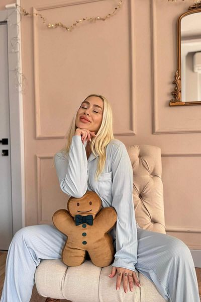 Pijamaevi Set de pijamale cu mânecă lungă cu nasturi în față Dublin albastru pentru femei