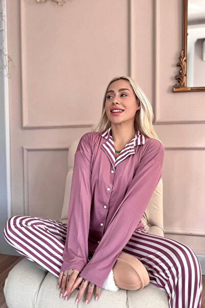 Pijamaevi Powder Line Patterned Bamboo Front Button Long Sleeve Women's Pajamas Set