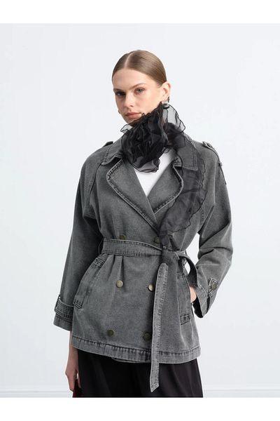 Magazin Double Breasted Neckline Belted Pocket Short Denim Trench Coat