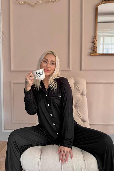 Pijamaevi Set de pijamale cu mânecă lungă cu nasturi în față Dublin negru
