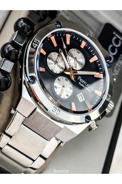 Ferrucci 45mm Case,Functions Active,Silver Steel Band,Navy Blue Dial Calendar Men's Wristwatch Bracelet