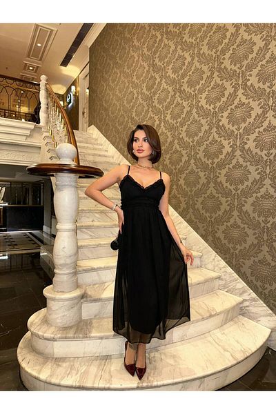 Bak'ap Rochie lungă din șifon evazată cu bretele subțiri romantice cu dantelă