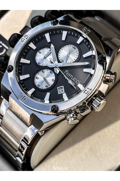 Ferrucci 45mm Case,Functions Active,Silver Steel Band, Black Dial Calendar Men's Wristwatch Bracelet