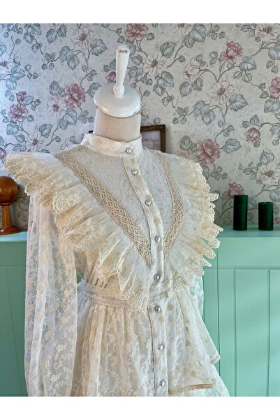 Butik Women's Cotton Lace Fold Ecru, Wedding Evening Dress