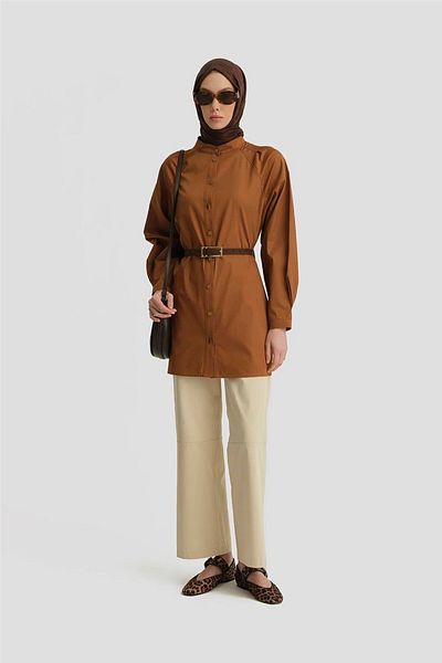 Armine Pleated Judge Collar Tunic - Sleeve Tan 25Y4612