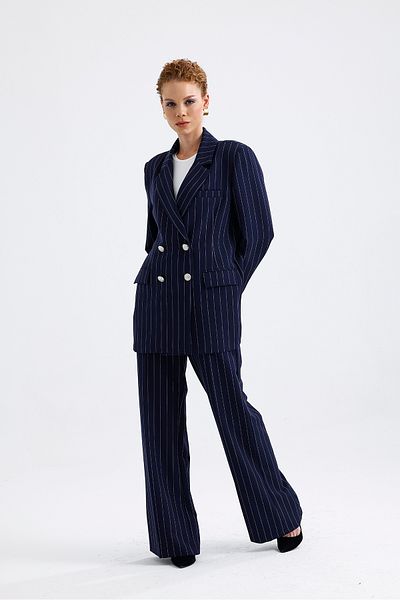 Sense Navy Blue White Striped Hürrem Suit - Lined TK35550