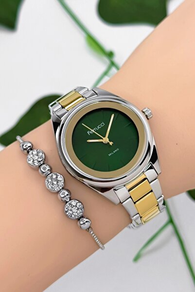 Ferrucci Çelik Kordon Çelik Kasa Kadın Kol Saati, 3 ATM Su Geçirmez Gold-Yeşil-Gümüş zmfer177