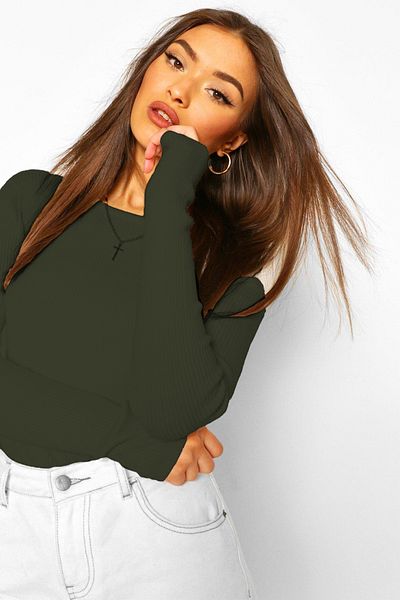 CHEISU Khaki Women's T-Shirt - Long Sleeve, Crew Neck, Camisole Ribbed Blouse