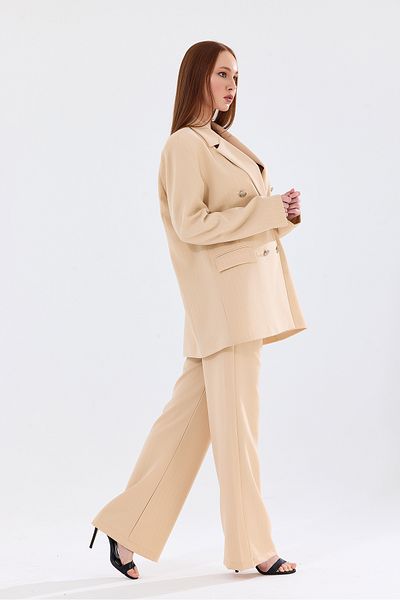Sense Beige White Striped Hürrem Fabric Suit - Lined TK35550