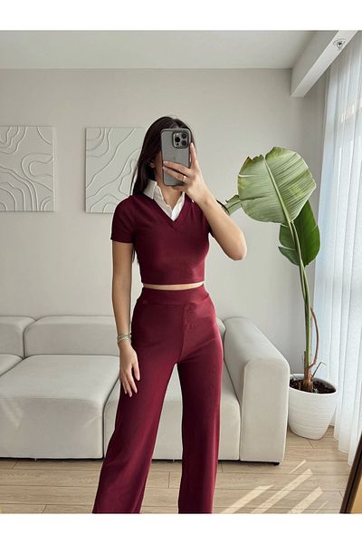 Zoom Butik Shirt Collar Crop & Trousers Set - Claret Red