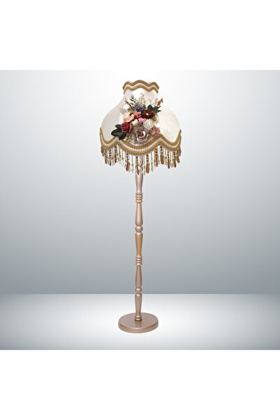 Genel Markalar Ahşap Gold Ayak Ekru Renk Kadife Gold Süsleme Vintage Lambader 170x45cm Lm74456