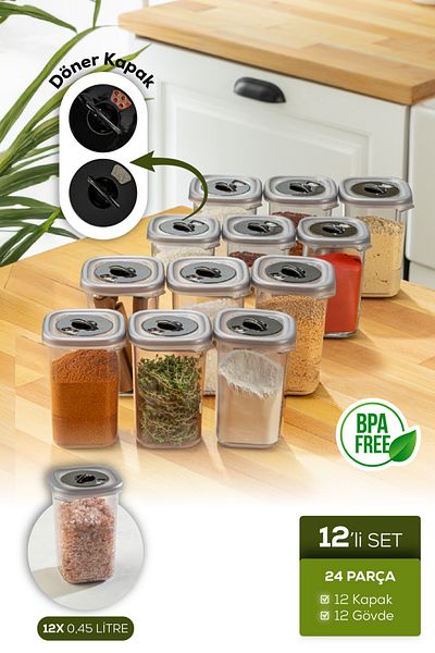 Vienev Airtight 0.45 Lt Spice Storage Set with 12 Swivel Head Lids Label