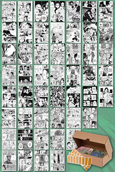 NeoPrint ملصق بطاقة كاريكاتير مانغا - 50 قطعة يابانية باللونين الأبيض والأسود...