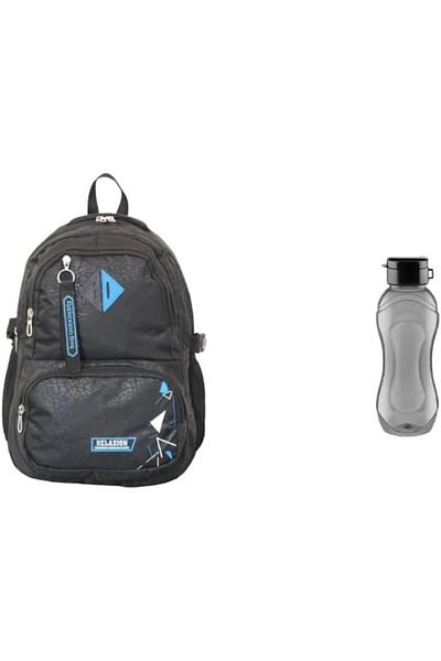 STOREMAX Mu-Artshop 2049 Black - Blue Detailed Middle School, High School School Bag + 750 ml Black Relaxion Water Bottle